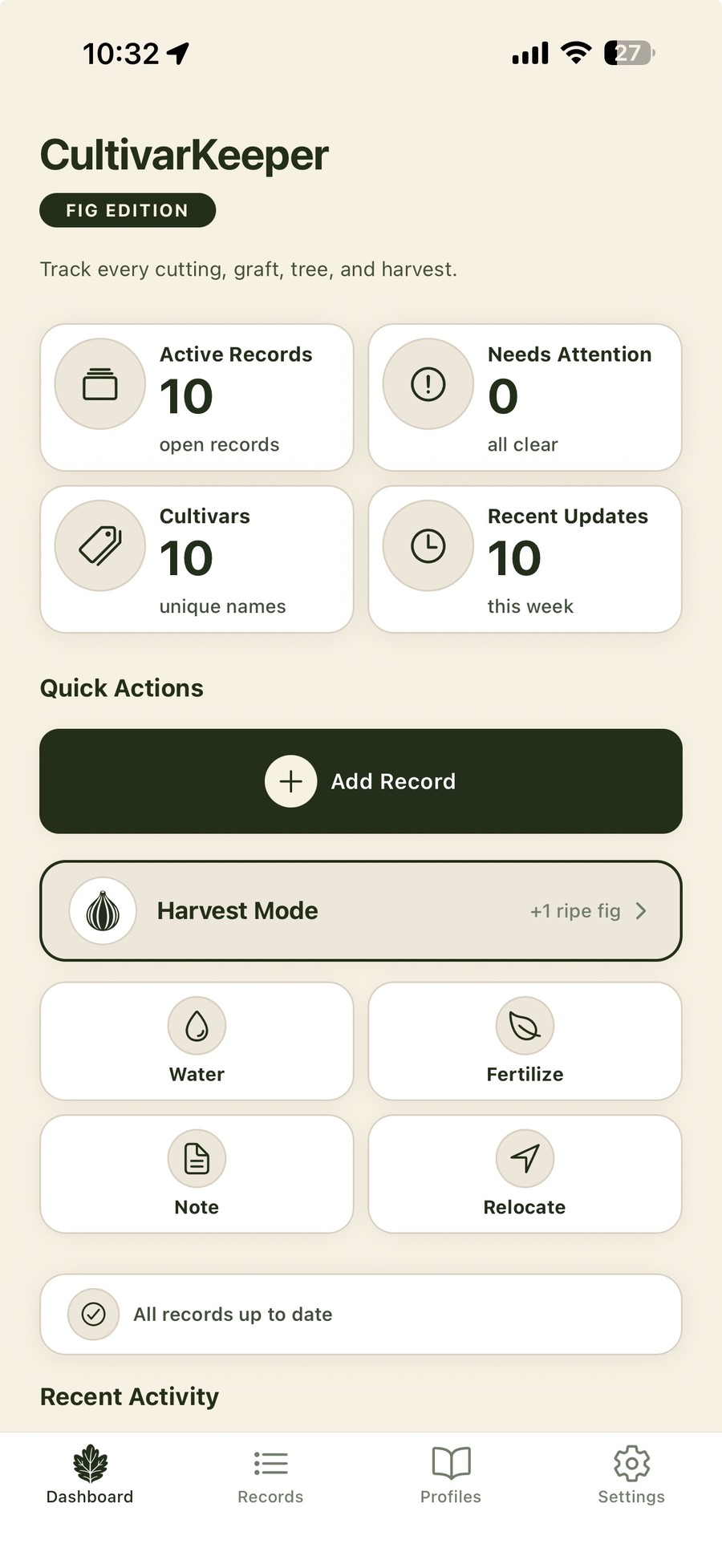 CultivarKeeper dashboard showing Active Records, Harvest Mode, Quick Actions, and Active Propagation on an iPhone